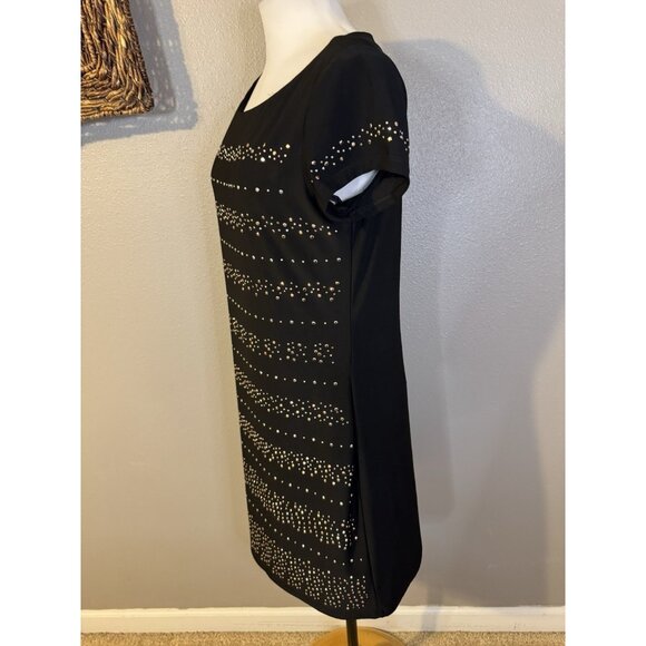 WHBM Dress M Stretch Black Gold Silver Studded Short Sleeve Washable - Picture 5 of 10